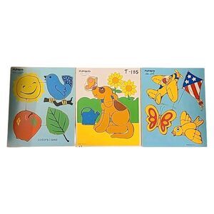 Lot Of 3 Vintage Playskool Wooden Board Puzzles Colors‎ Things That Fly & Garden